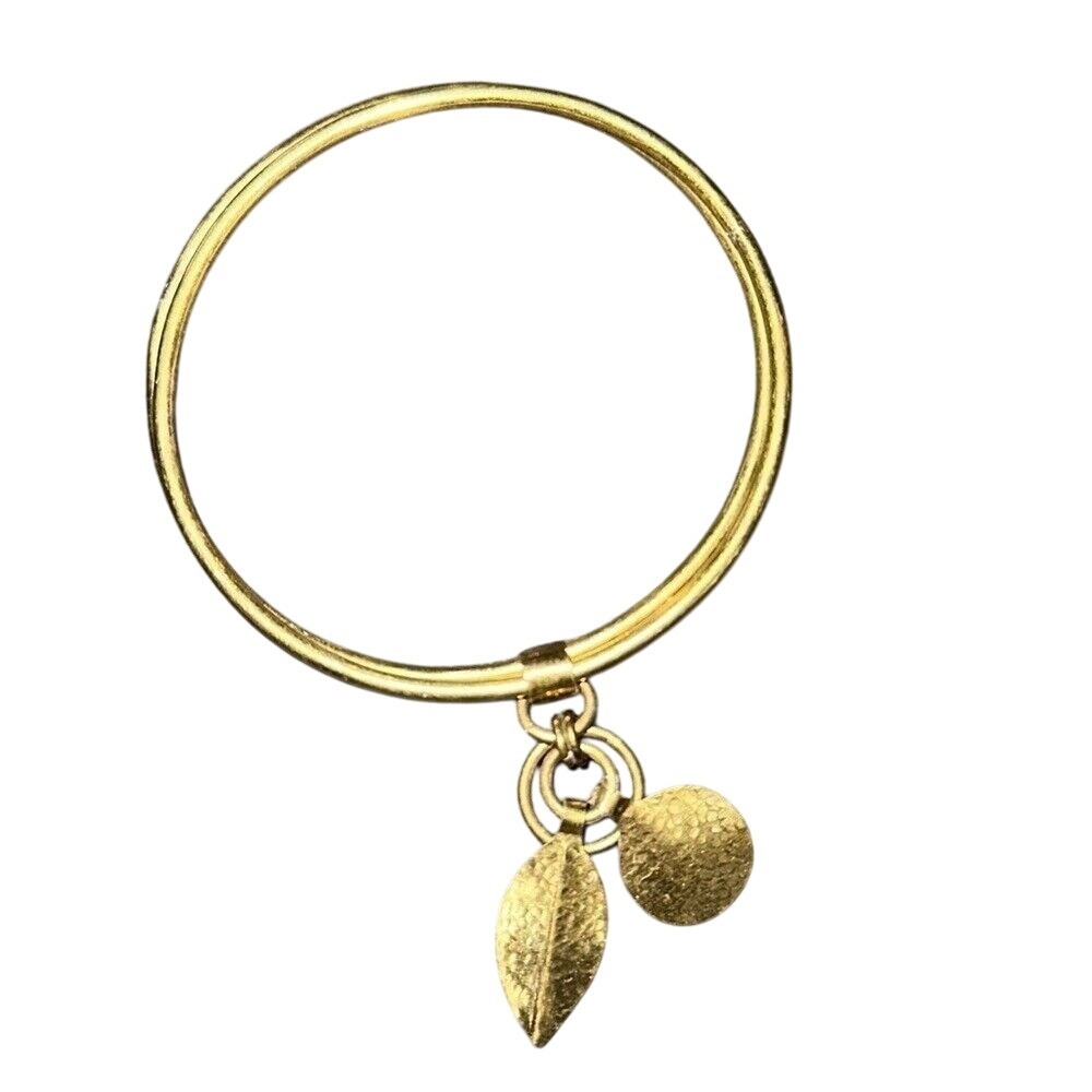 Brass Bangle Bracelet with Leaf & Textured Circle Charms‎ Boho Jewelry
